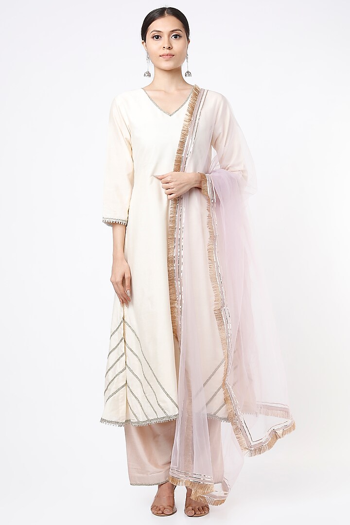 Cream Cotton Silk A-line Kurta Set by Palak & Mehak