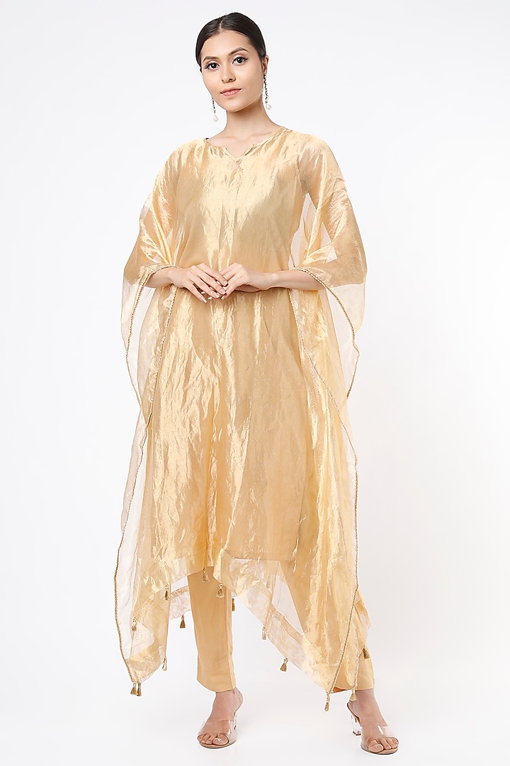 Gold Tissue Kaftan Set by Palak & Mehak