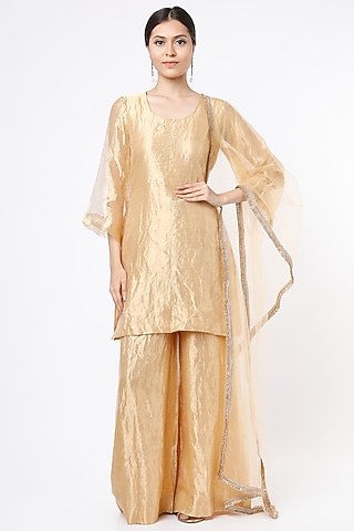 Gold Tissue & Cotton Kurta Set by Palak & Mehak