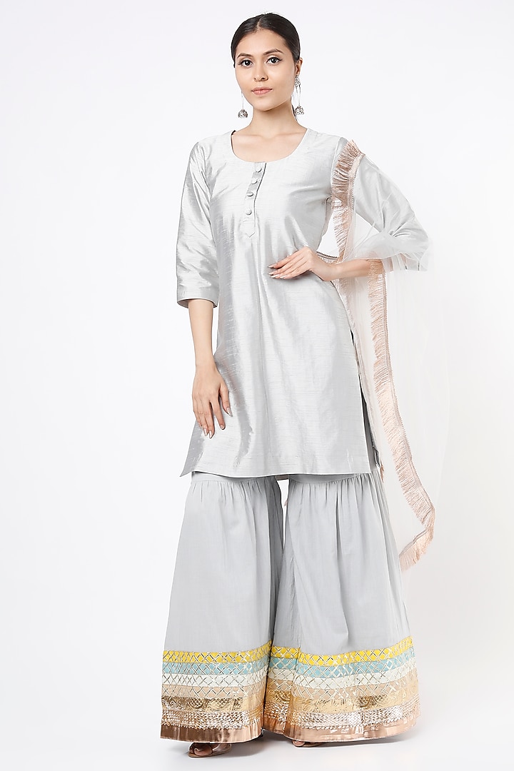 Grey Cotton Silk Sharara Set by Palak & Mehak