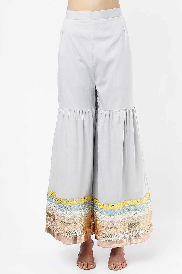 Grey Cotton Silk Party Wear Sharara Set by Palak & Mehak at Pernia's Pop Up Shop