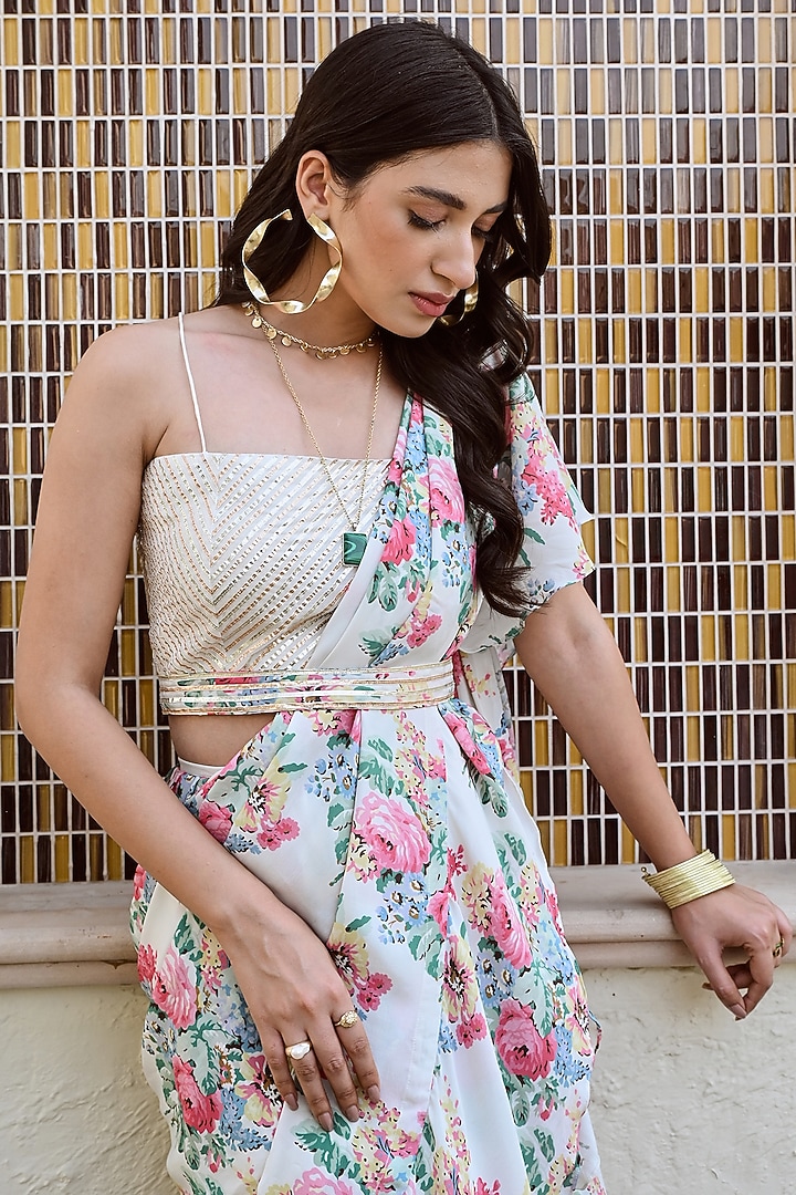 Multi-Colored Pure Crepe Floral Printed Draped Ruffle Party Wear Saree Set by Palak & Mehak at Pernia's Pop Up Shop