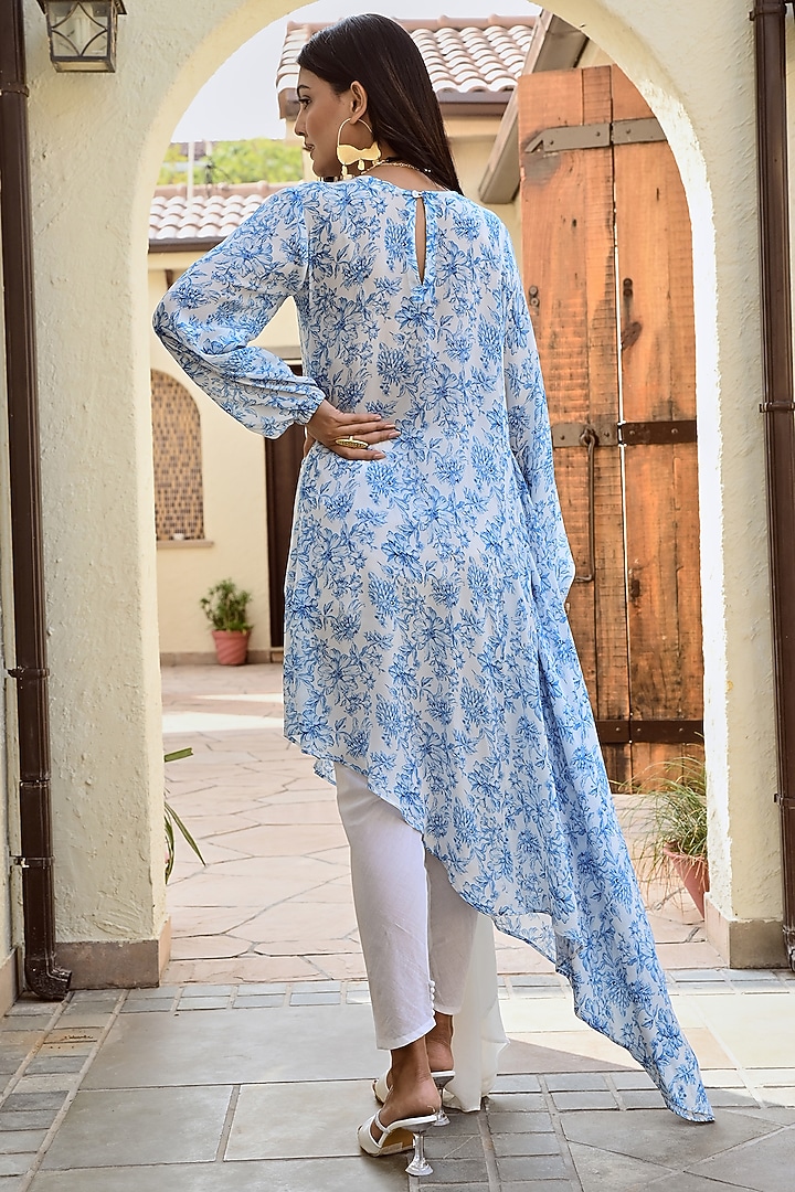 White & Blue Pure Crepe Co-Ord Set by Palak & Mehak at Pernia's Pop Up Shop
