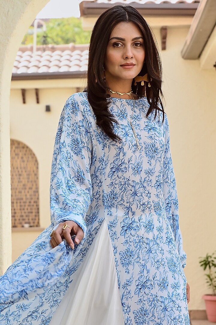 White & Blue Pure Crepe Co-Ord Set by Palak & Mehak at Pernia's Pop Up Shop