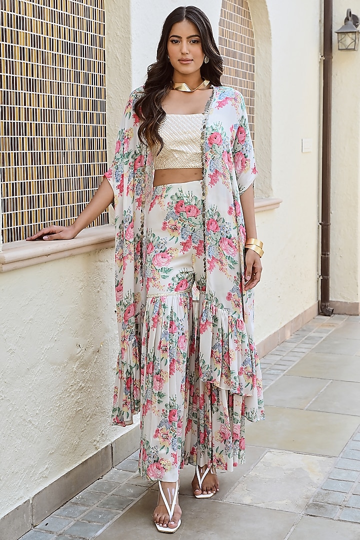 Multi-Colored Pure Crepe Floral Printed Cape Set by Palak & Mehak
