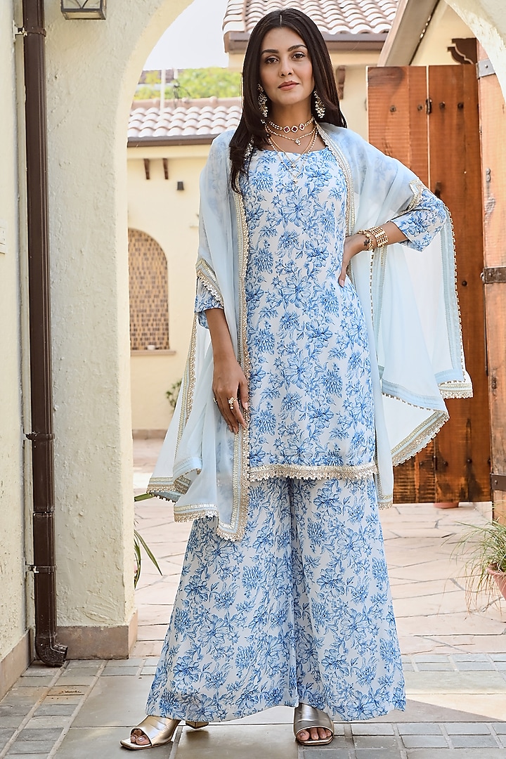 Blue & Ivory Pure Crepe Kurta Set by Palak & Mehak at Pernia's Pop Up Shop