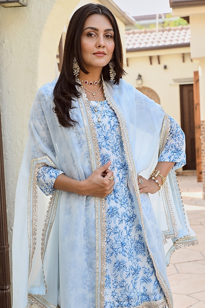 Blue & Ivory Pure Crepe Kurta Set by Palak & Mehak at Pernia's Pop Up Shop