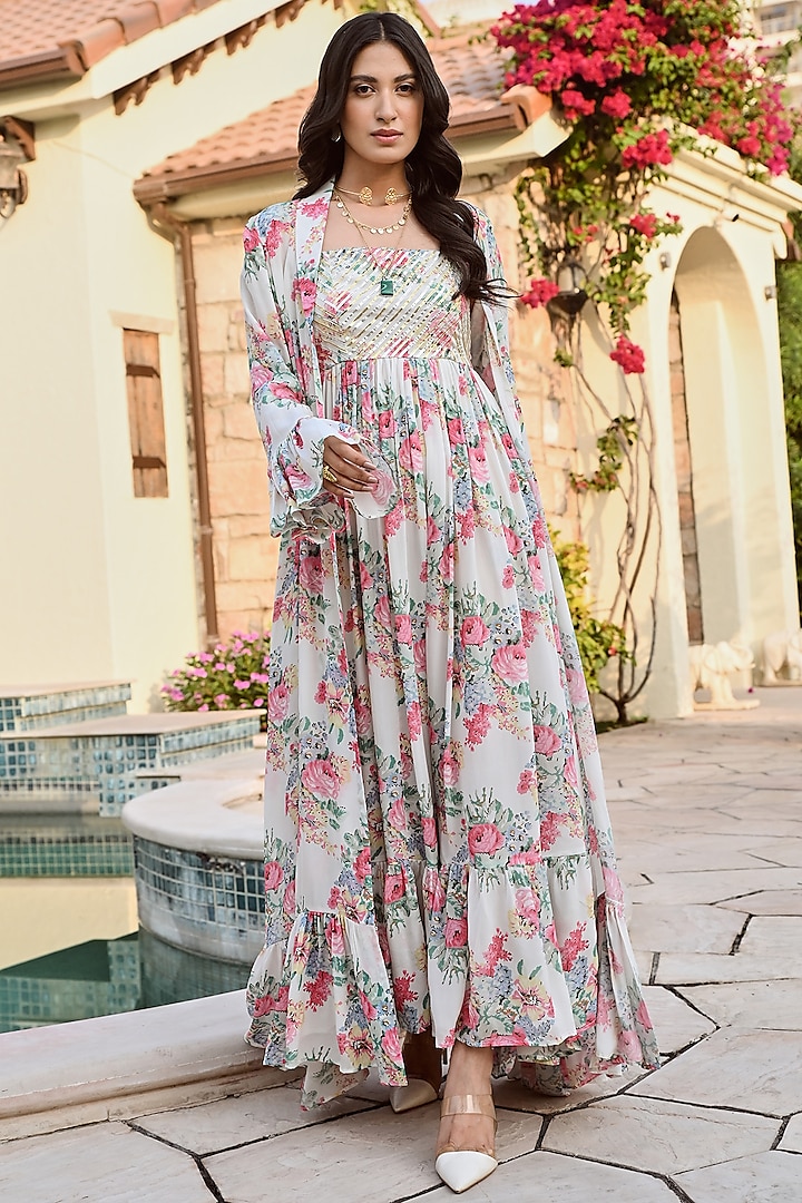 Multi-Colored Pure Crepe Jacket Dress by Palak & Mehak