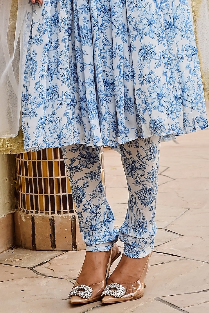Blue & White Pure Crepe Floral Printed Party Wear Anarkali Set by Palak & Mehak at Pernia's Pop Up Shop