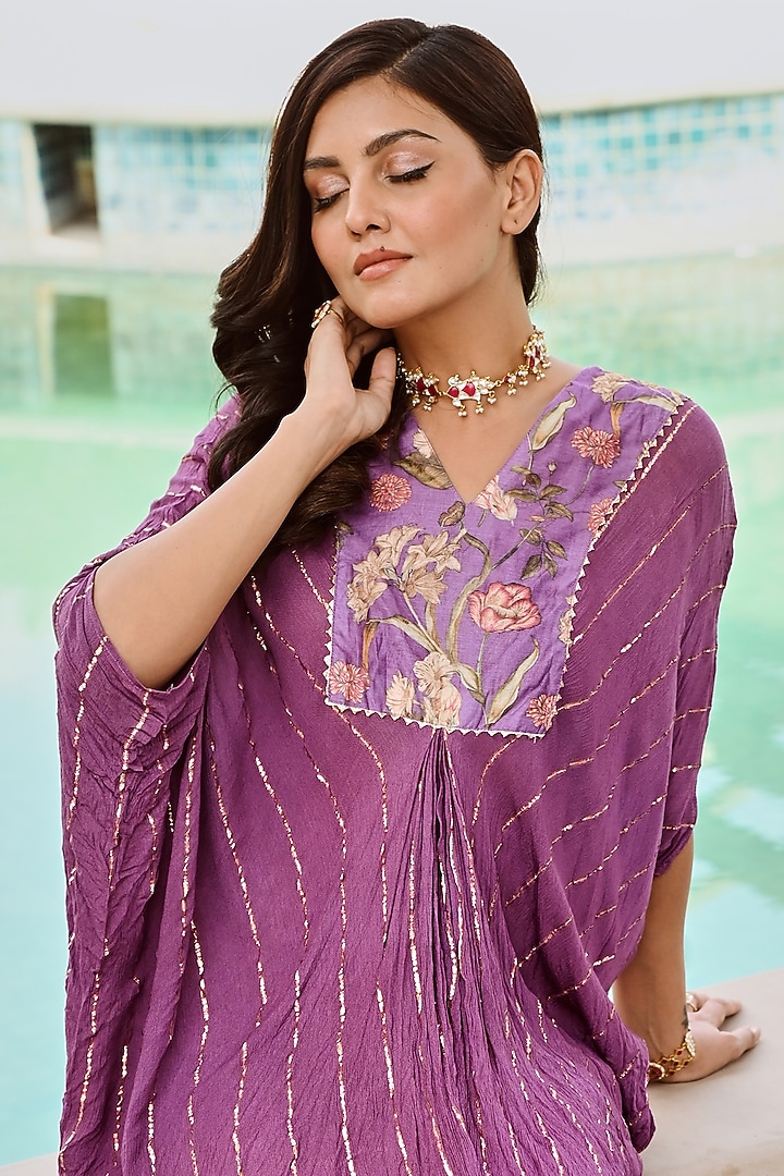 Purple Cotton Lurex Kaftan Dress by Palak & Mehak at Pernia's Pop Up Shop