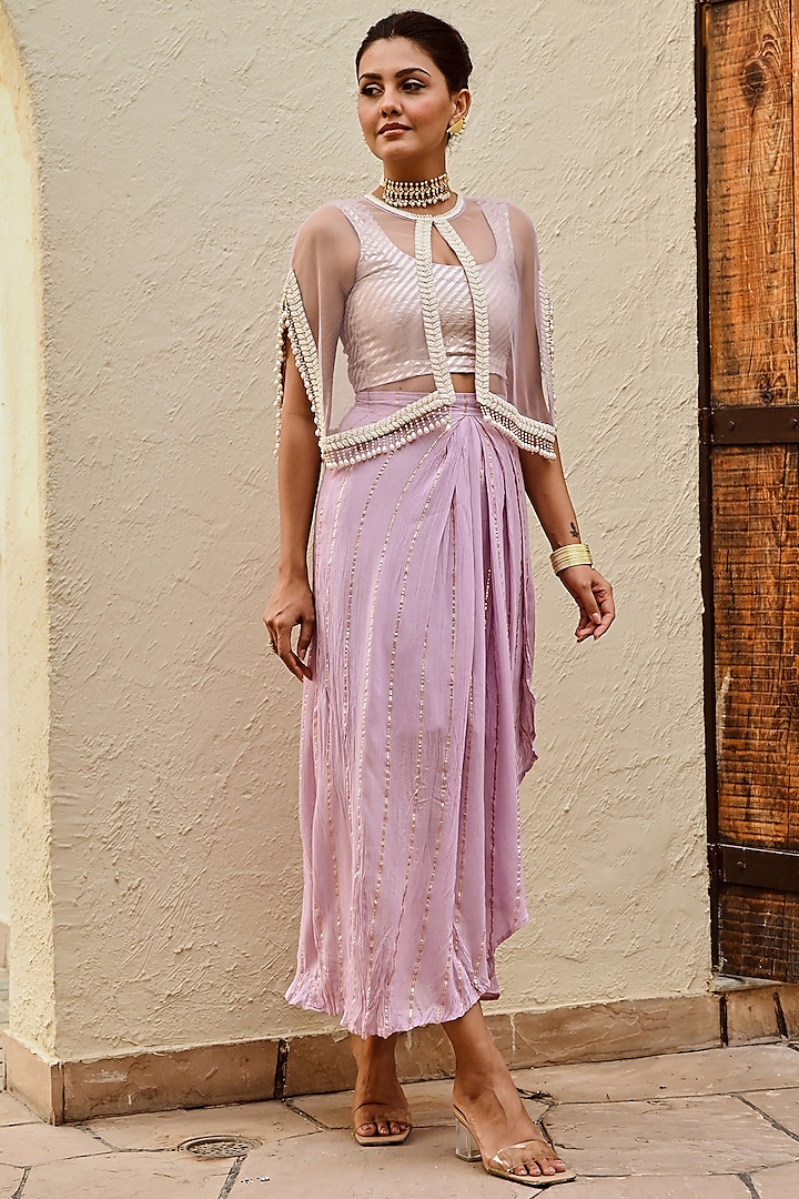 Lilac Lurex Draped Skirt Set by Palak & Mehak