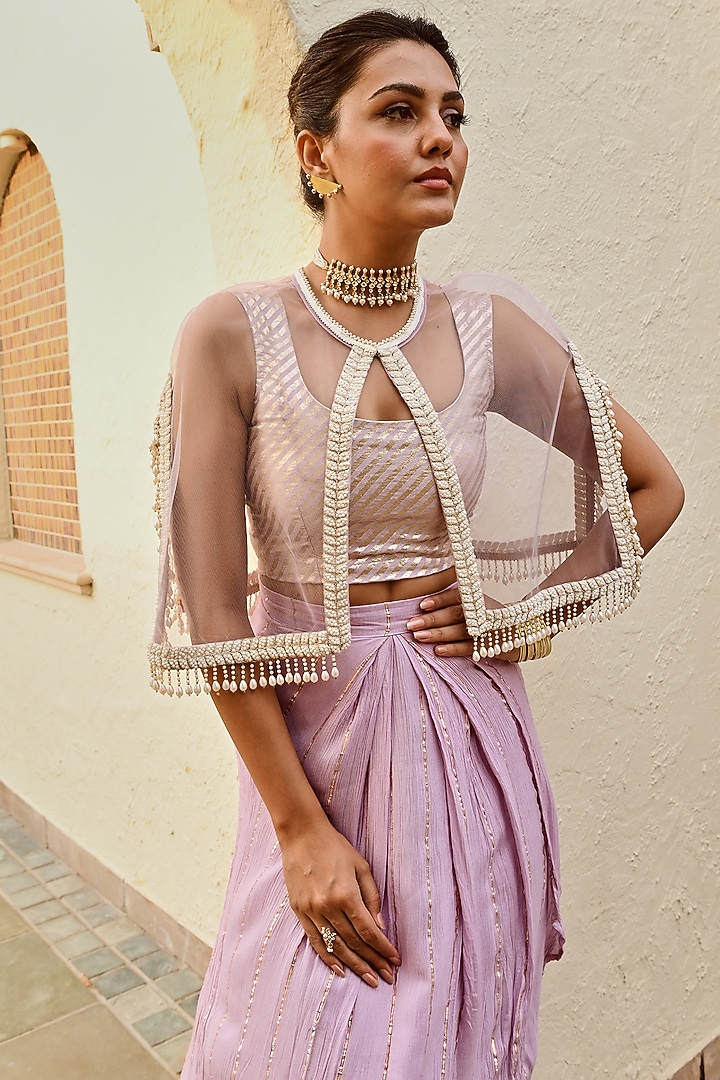 Lilac Lurex Draped Skirt Set by Palak & Mehak at Pernia's Pop Up Shop