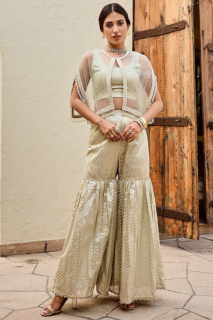 Mint Green Woven Banarasi Co-Ord Set by Palak & Mehak at Pernia's Pop Up Shop