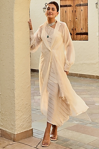 Ivory Lurex Jacket Dress by Palak & Mehak