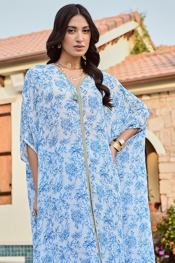 Blue & Ivory Printed Kaftan Set by Palak & Mehak at Pernia's Pop Up Shop