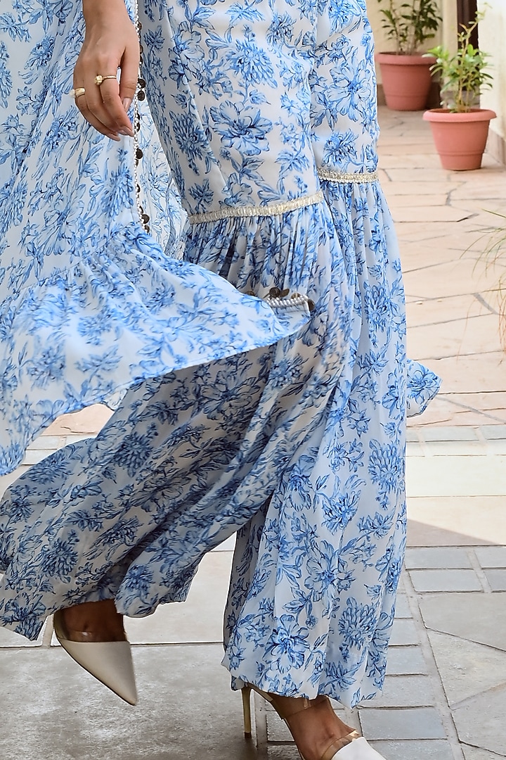 Blue & Ivory Pure Crepe Floral Printed Cape Set by Palak & Mehak at Pernia's Pop Up Shop