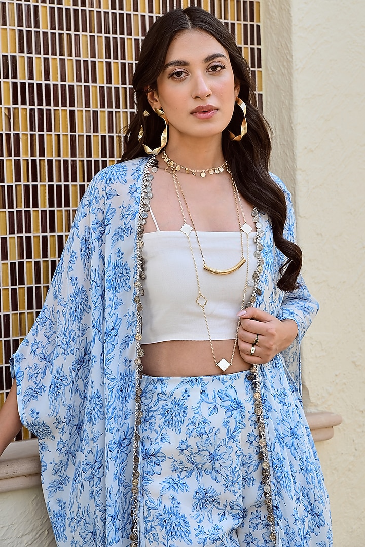 Blue & Ivory Pure Crepe Floral Printed Cape Set by Palak & Mehak at Pernia's Pop Up Shop
