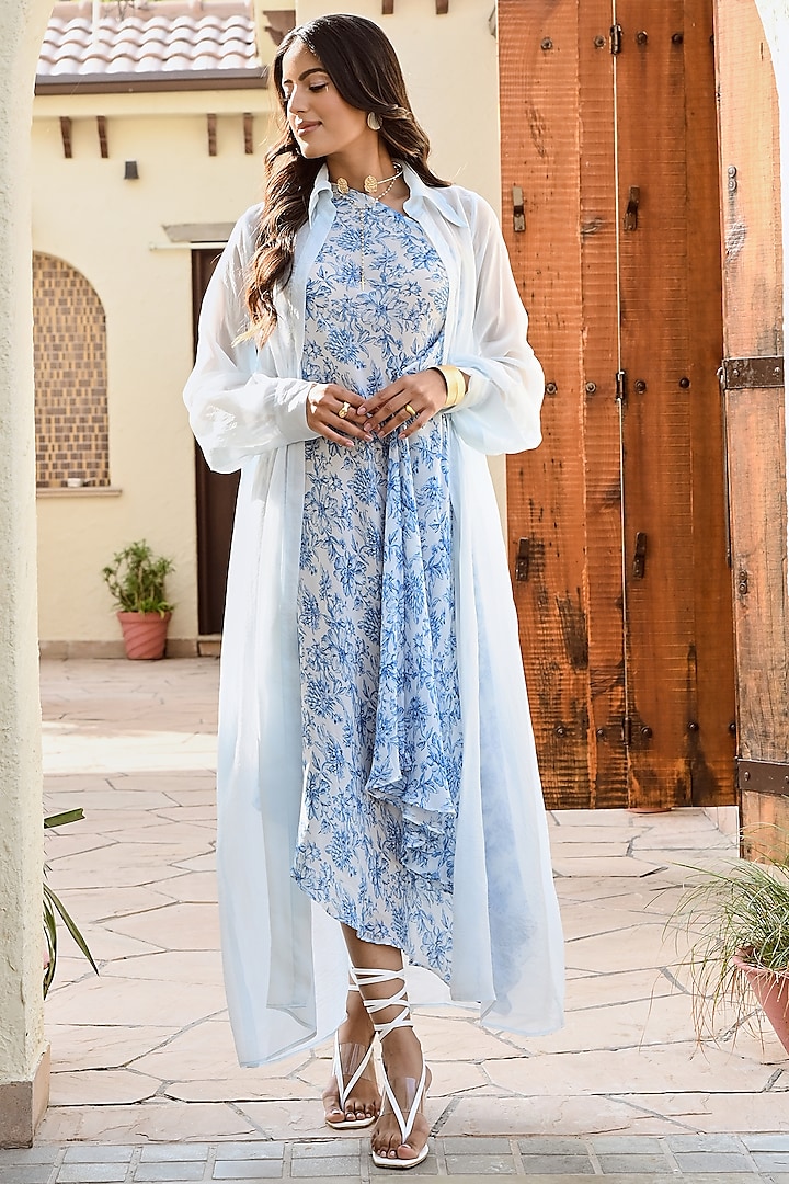 Blue & Ivory Pure Crepe Printed Dress With Jacket by Palak & Mehak