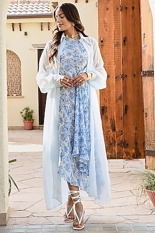 Blue & Ivory Pure Crepe Printed Dress With Jacket by Palak & Mehak