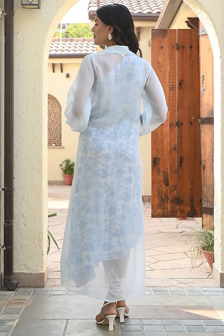 Blue & Ivory Pure Crepe Printed Vacation Dress With Jacket by Palak & Mehak at Pernia's Pop Up Shop