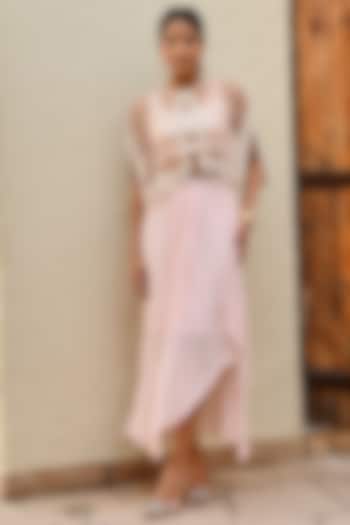 Baby Pink Rayon Crepe Lurex Draped Skirt Set by Palak & Mehak