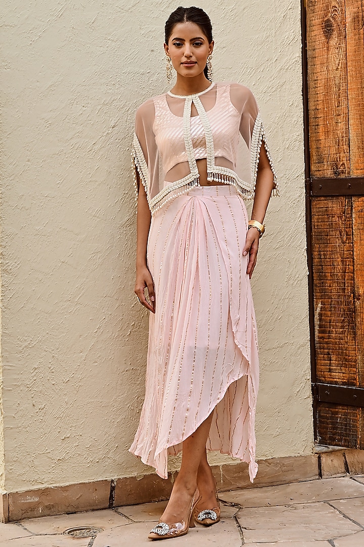 Baby Pink Rayon Crepe Lurex Draped Skirt Set by Palak & Mehak