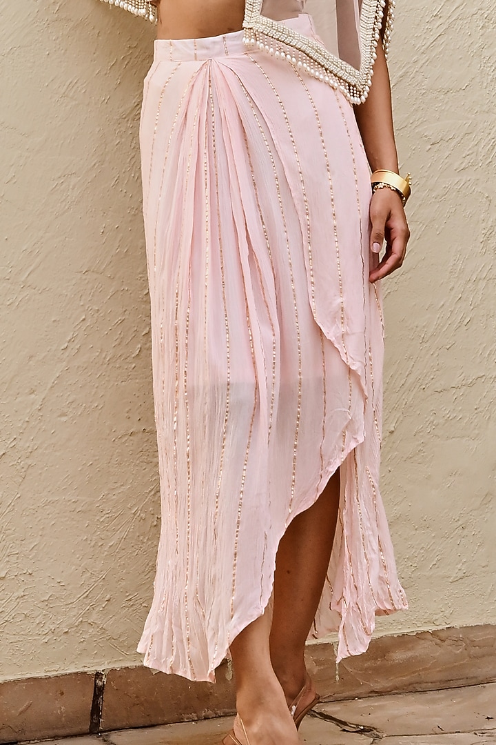 Baby Pink Rayon Crepe Lurex Draped Skirt Set by Palak & Mehak at Pernia's Pop Up Shop
