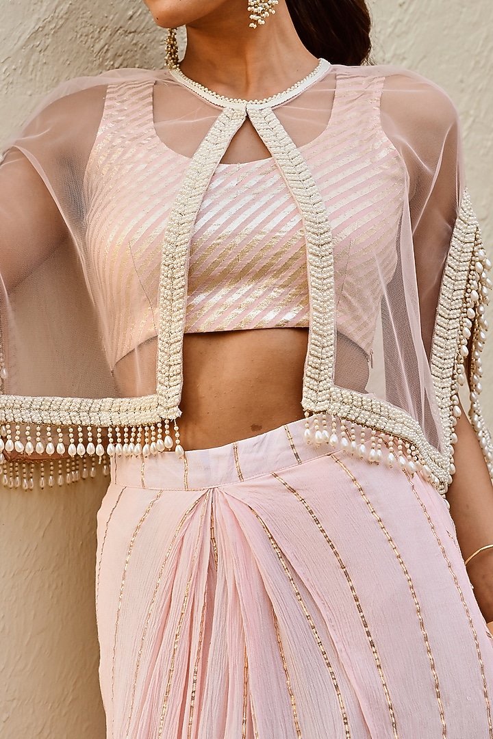 Baby Pink Rayon Crepe Lurex Draped Skirt Set by Palak & Mehak at Pernia's Pop Up Shop