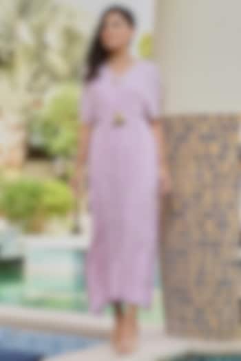 Lilac Rayon Crepe Lurex & Mulmul Kaftan Dress by Palak & Mehak