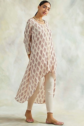 Beige Block Printed High-Low Kurta Set by Palak & Mehak