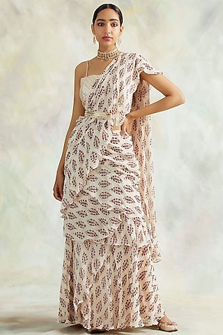 Beige Pure Georgette Printed Pre-Stitched Draped Saree Set by Palak & Mehak