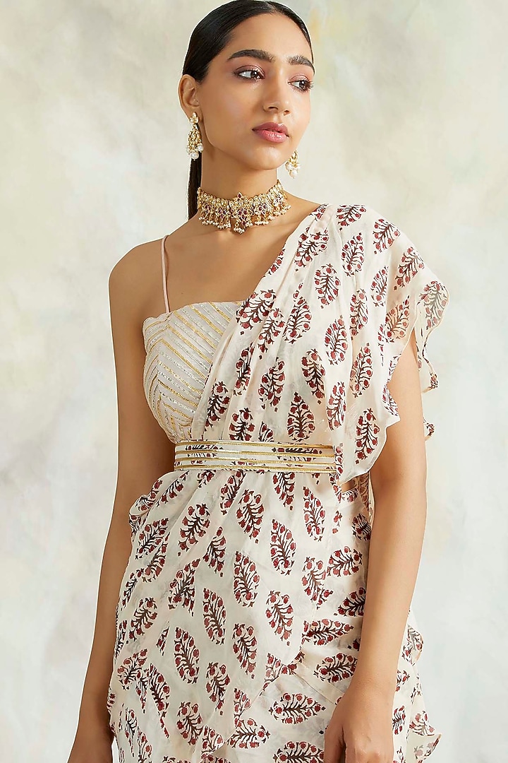 Beige Pure Georgette Printed Pre-Stitched Draped Party Wear Saree Set by Palak & Mehak at Pernia's Pop Up Shop