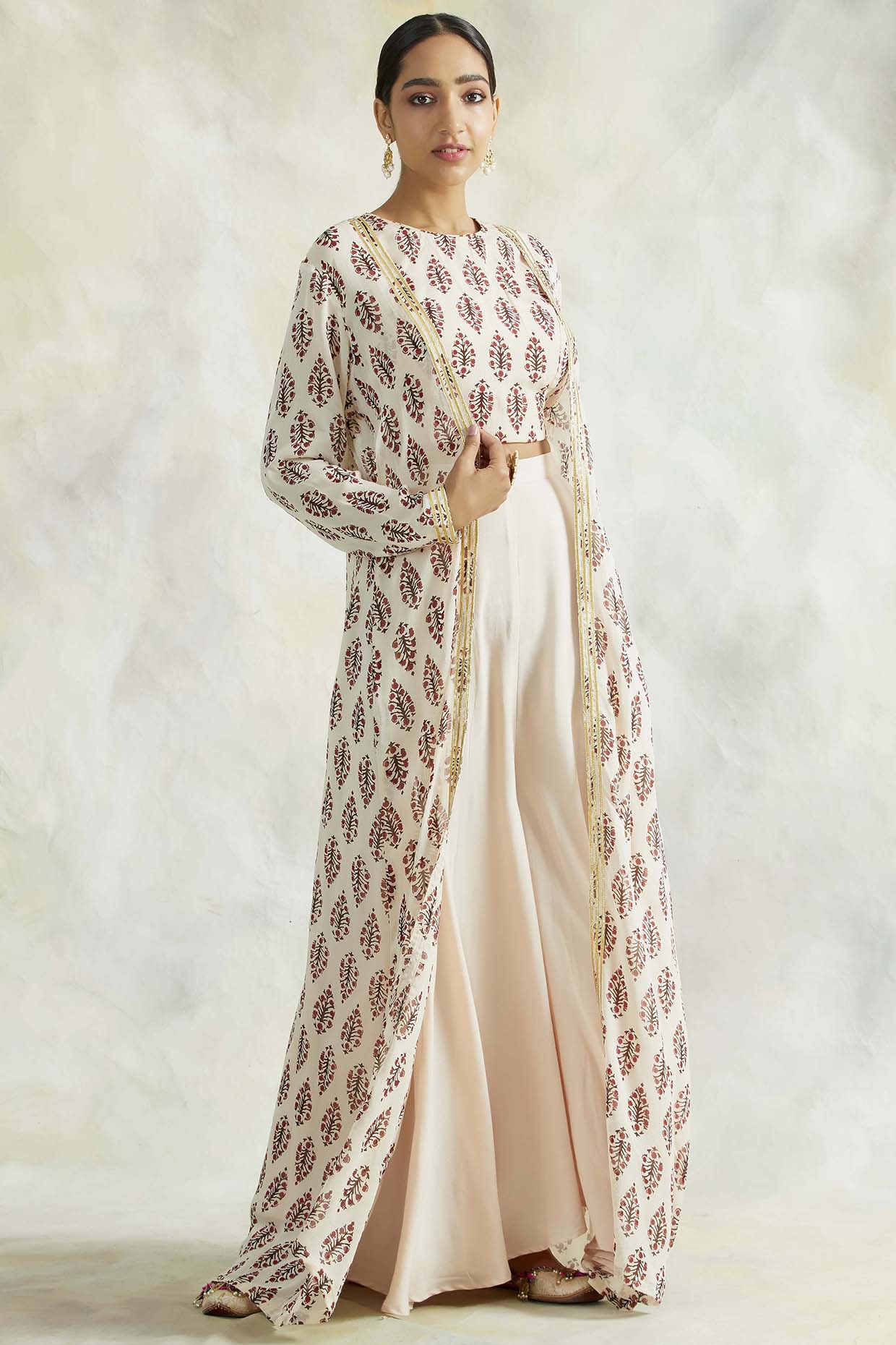 Beige Pure Georgette Printed Cape Set by Palak & Mehak at Pernia's Pop Up Shop