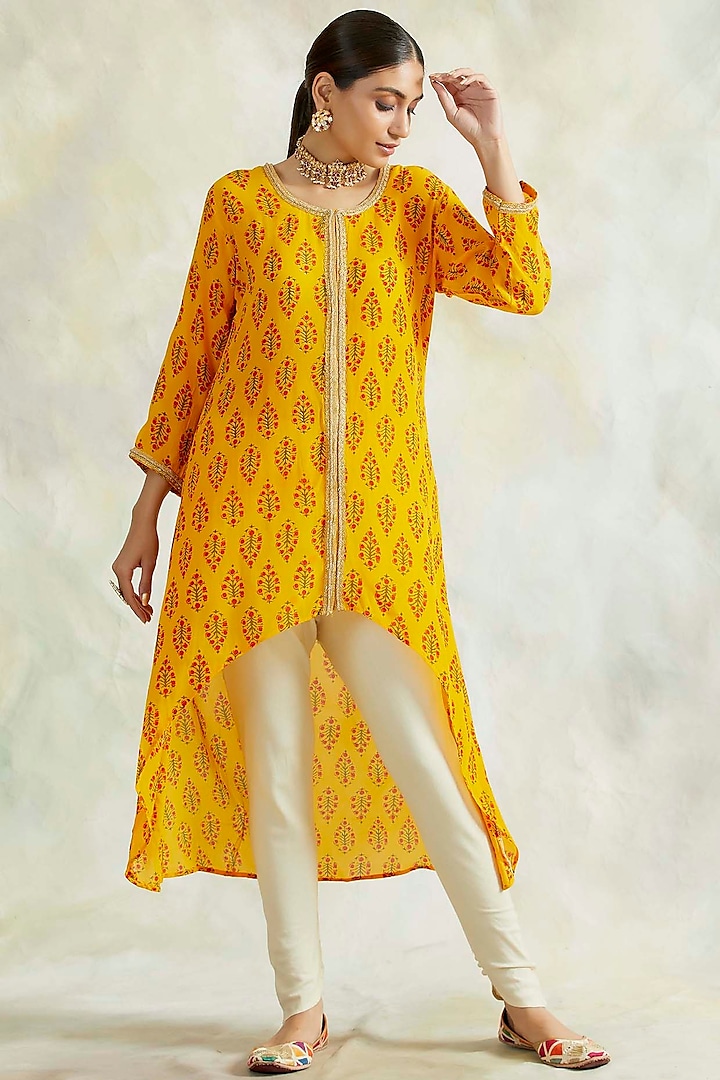 Sunshine Mustard Printed High-Low Kurta Set by Palak & Mehak