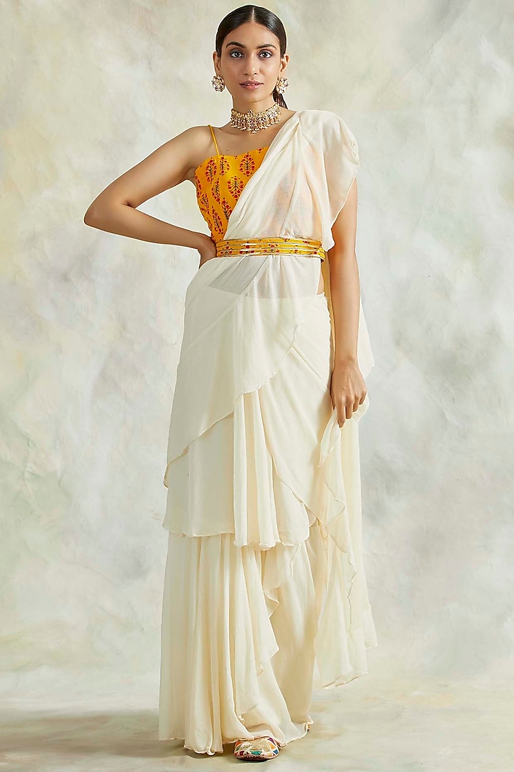 Ivory Pre-Stithced Draped Saree Set by Palak & Mehak at Pernia's Pop Up Shop