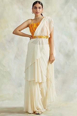 Ivory Pre-Stithced Draped Saree Set by Palak & Mehak