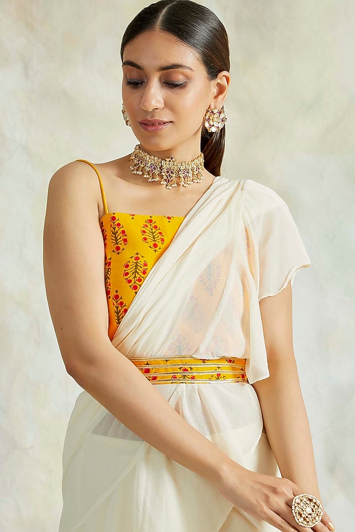Ivory Pre-Stithced Draped Party Wear Saree Set by Palak & Mehak at Pernia's Pop Up Shop