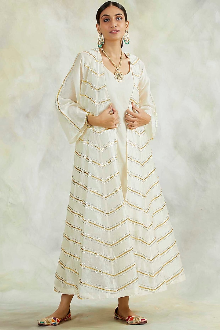 Cream Hand Embroidered Cape With Dress by Palak & Mehak