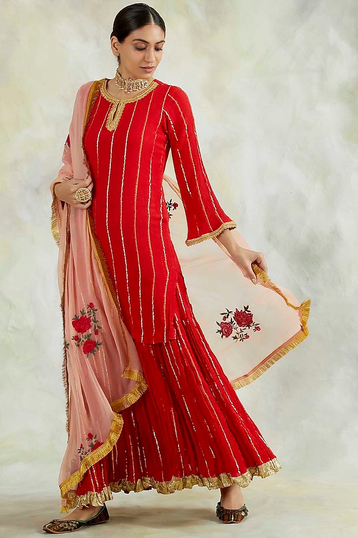 Red Soft Rayon Crepe Kurta Set by Palak & Mehak