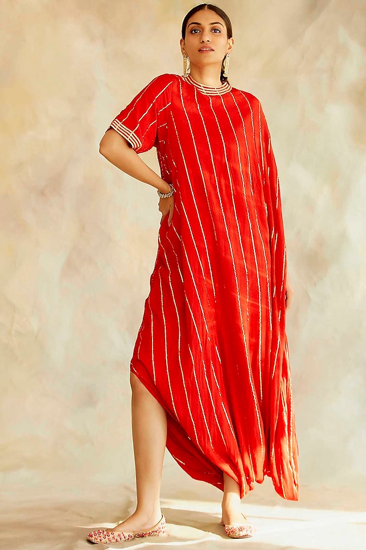 Red Embroidered Cowl Dress by Palak & Mehak