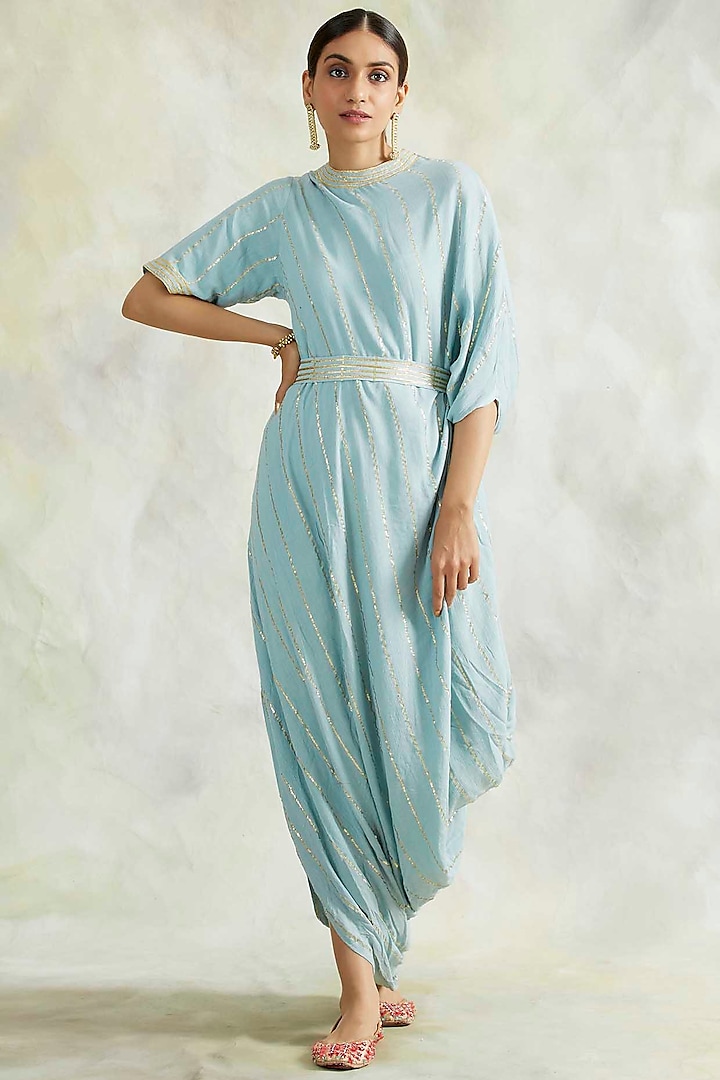 Powder Blue Embroidered Cowl Dress by Palak & Mehak at Pernia's Pop Up Shop