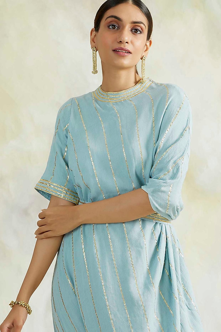 Powder Blue Embroidered Cowl Summer Dress by Palak & Mehak at Pernia's Pop Up Shop
