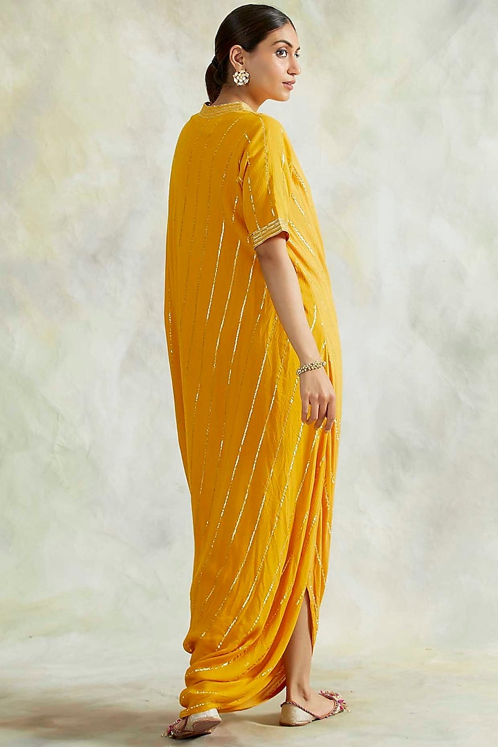 Mustard Embroidered Cowl Summer Dress by Palak & Mehak at Pernia's Pop Up Shop