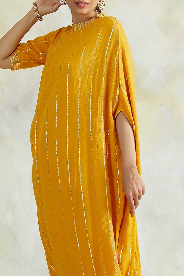 Mustard Embroidered Cowl Summer Dress by Palak & Mehak at Pernia's Pop Up Shop
