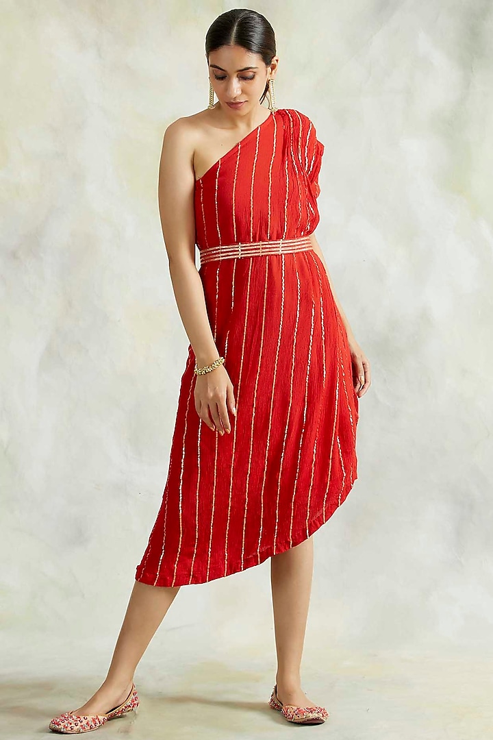 Red One Shoulder Cowl Dress With Belt by Palak & Mehak