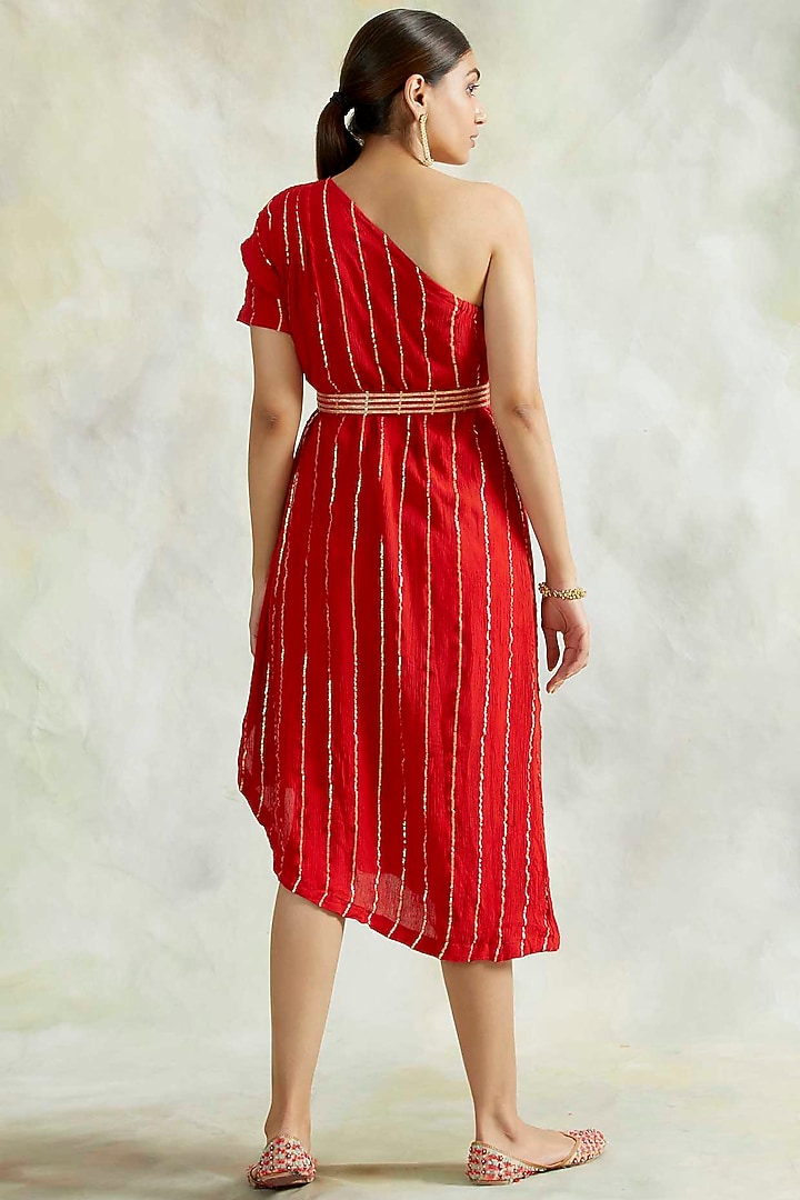 Red One Shoulder Cowl Summer Dress With Belt by Palak & Mehak at Pernia's Pop Up Shop