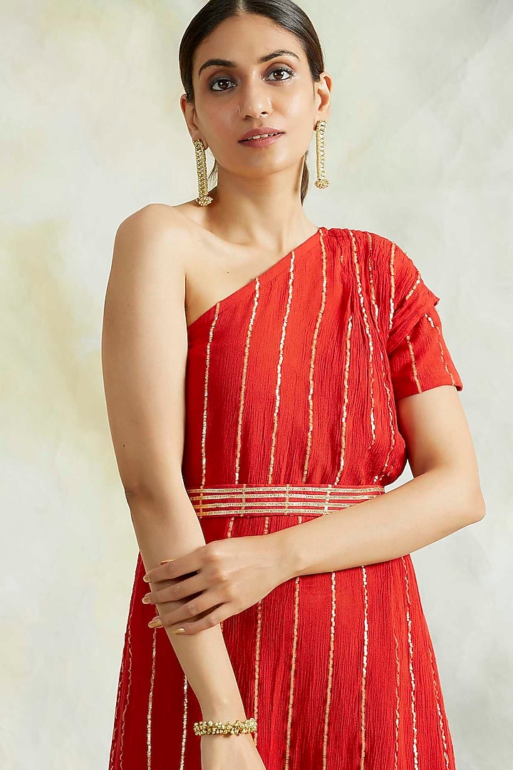 Red One Shoulder Cowl Summer Dress With Belt by Palak & Mehak at Pernia's Pop Up Shop