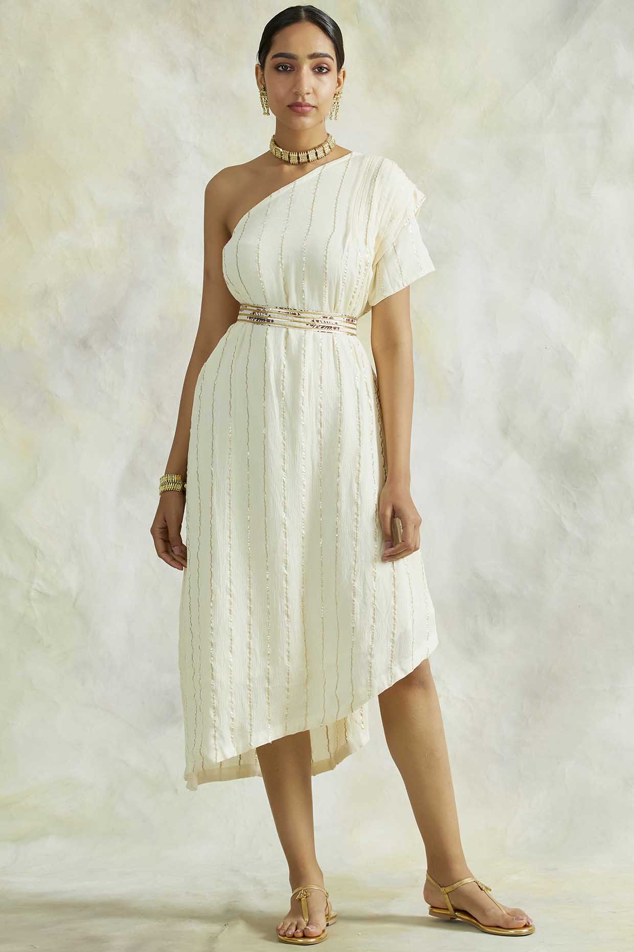 Cream One Shoulder Cowl Dress With Belt by Palak Mehak at