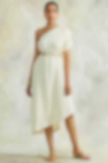 Cream One Shoulder Cowl Dress With Belt by Palak & Mehak
