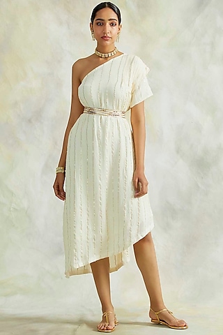 Cream One Shoulder Cowl Dress With Belt by Palak & Mehak